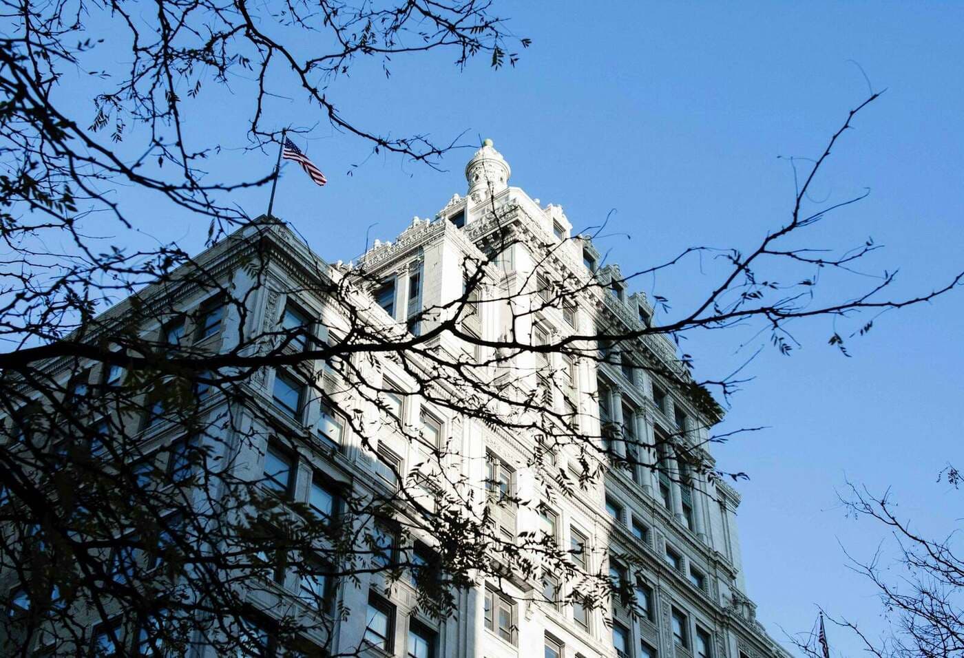 Downtown Peoria, Illinois building with American flag, viewed through bare tree branches